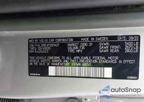 2023 Volvo Xc60 B5 Plus Bright Theme z USA, uszkodzony, nr VIN YV4L12RE4P1261427